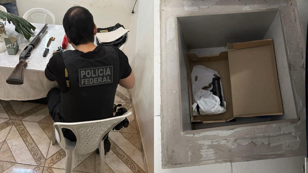 Foram apreendidas uma escopeta calibre 12, com 20 muni&ccedil;&otilde;es, e uma pistola Taurus .380, com 45 muni&ccedil;&otilde;es em um dos endere&ccedil;os dele &mdash; Foto: Divulga&ccedil;&atilde;o/PF