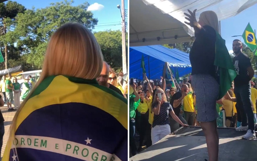 Cantora Fernanda Ôliver em atos golpistas, em Goiânia e Brasília — Foto: Reprodução/Redes Sociais