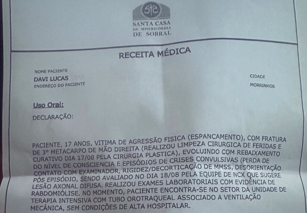 Boletim médico apontou fraturas da vítima. — Foto: Arquivo pessoal