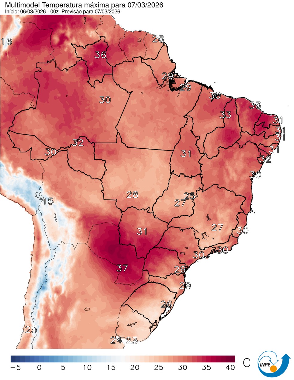 Mapa mostra previsão de temperatura máxima para este sábado (7). — Foto: CPTEC/Inpe