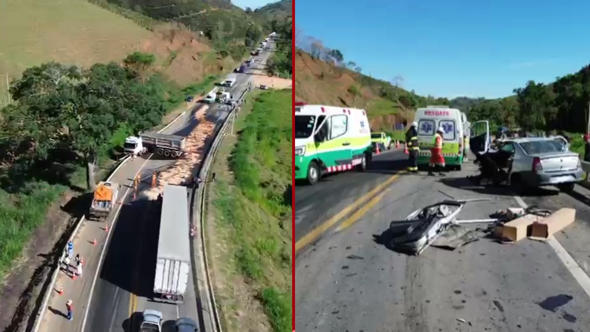 Acidente entre carro e carreta deixa três feridos e interdita a BR-116 em Santa Bárbara do Leste