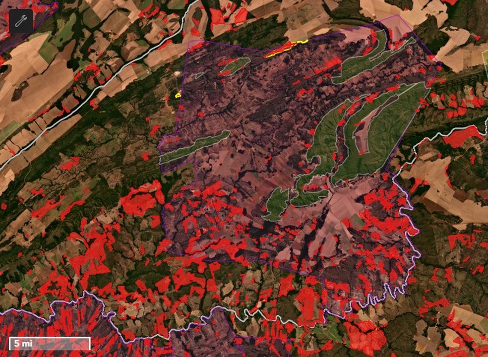 As imagens captadas por satélite destacam o desmatamento em vermelho — Foto: Prodes/Inpe