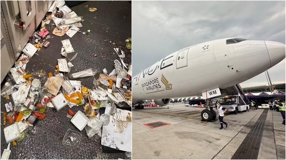 Comida é vista no chão de Boeing 777 da Singapore Airlines após turbulência severa que deixou um morto — Foto: Reprodução/Reuters