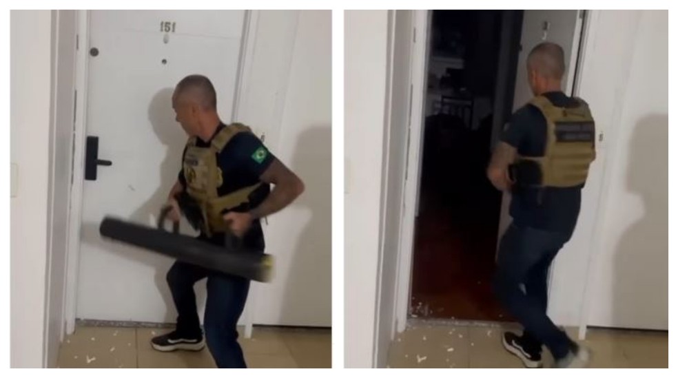 Policial usa ferramenta para arrombar a porta do apartamento de homem suspeito de furtar cão da ex em SP — Foto: Divulgação/Polícia Civil