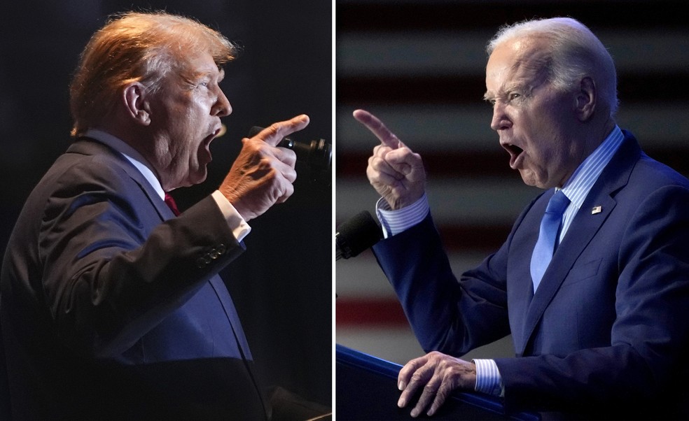 Donald Trump (à esquerda) e Joe Biden fazem o primeiro debate presidencial das eleições de 2024 nesta quinta-feira (27) — Foto: AP Photo