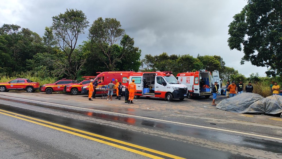 O Serviço de Atendimento Móvel de Urgência (Samu) e a Polícia Rodoviária Federal (PRF) também estiveram no local. — Foto: Corpo de Bombeiros/Divulgação
