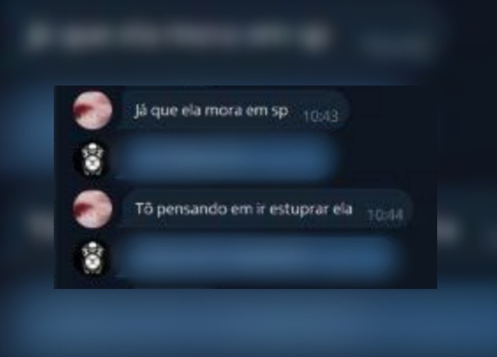 Parte da conversa do suspeito dizendo que iria estuprar a vítima — Foto: Reprodução/Discord