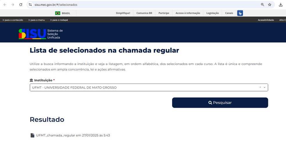 Resultado Sisu 2025 UFMT  Foto: Reproduo