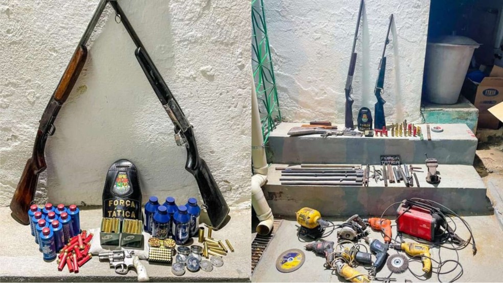 Armas e munições foram apreendidas em fábrica clandestina de armas desativada no Ceará. — Foto: PMCE/Reprodução