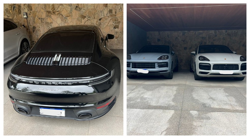 Carros de luxo apreendidos durante a nova fase da ‘Operação Sem Desconto’, em São Paulo. — Foto: Montagem/g1/Divulgação