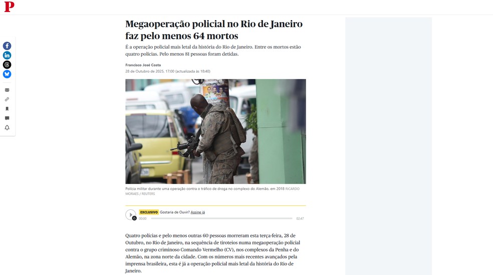 Reportagem do jornal 'Público', de Portugal, sobre megaoperação no Rio de Janeiro — Foto: Reprodução