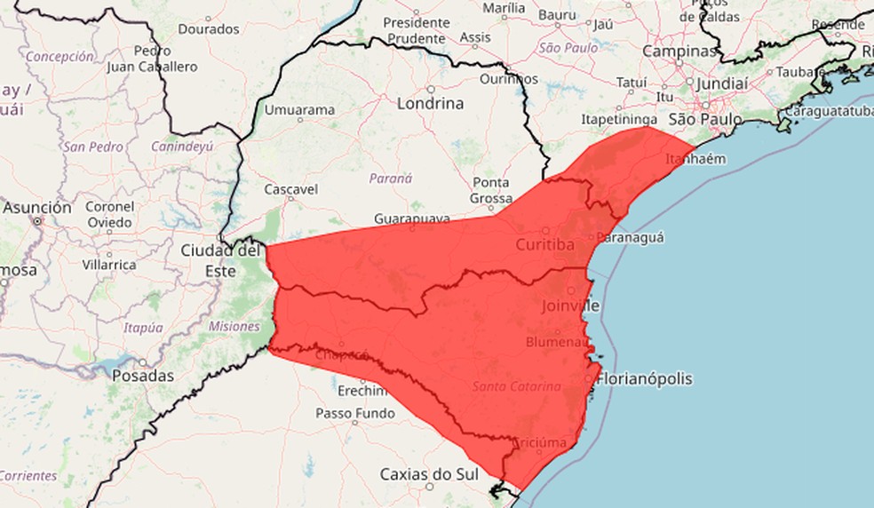 Alerta de alagamentos também é estendido a Santa Catarina e regiões do Rio Grande do Sul e São Paulo. — Foto: Reprodução
