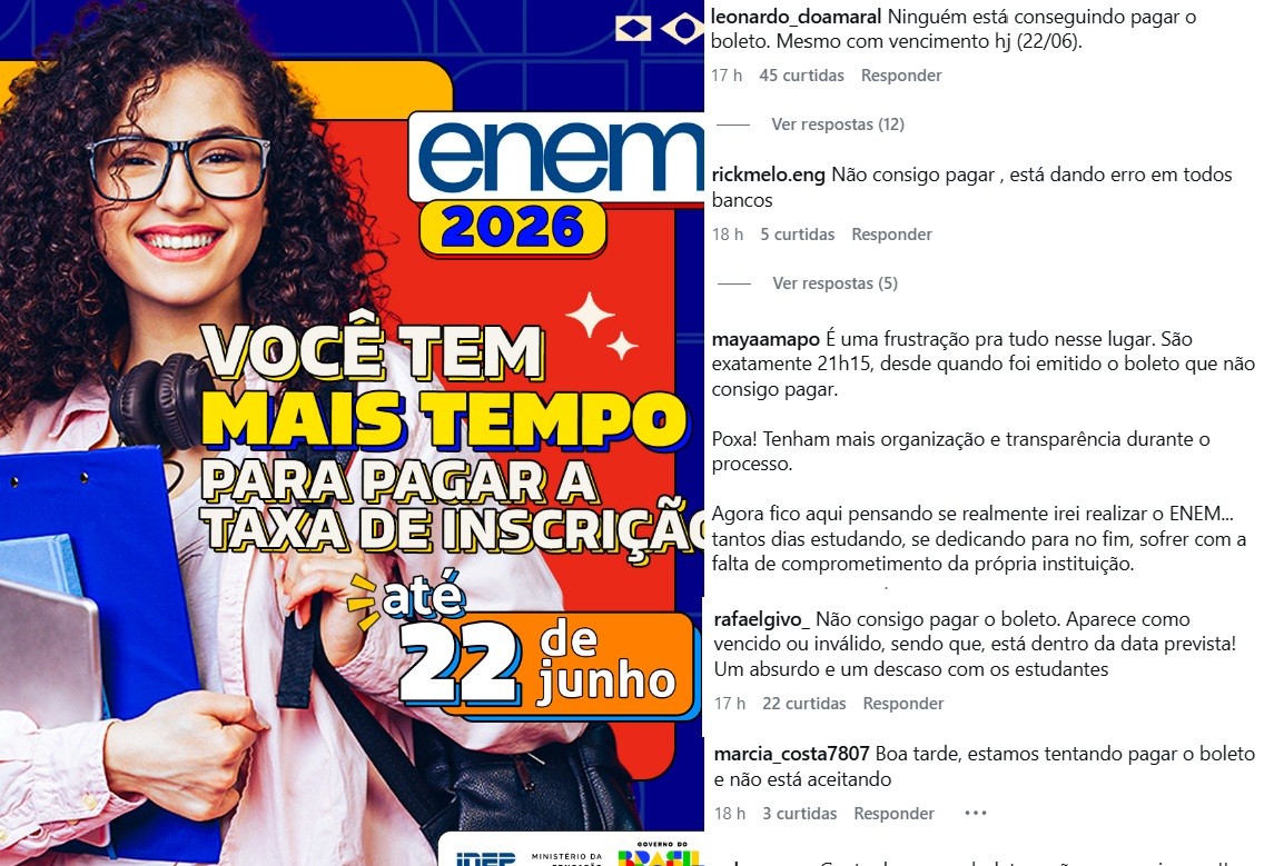 Enem 2026: candidatos não conseguem pagar taxa de inscrição; PIX e boletos aparecem como 'vencidos' mesmo dentro do prazo