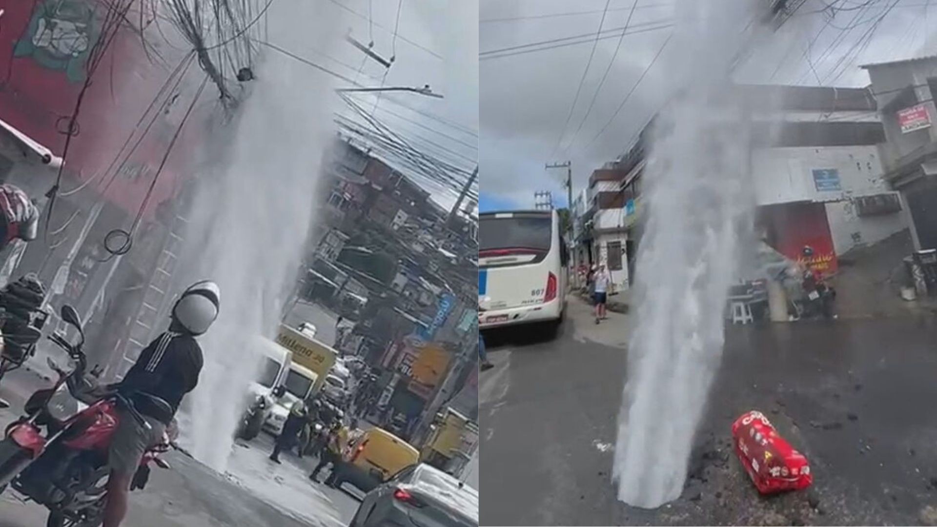 Cano mestre da Compesa estoura em frente ao mercado de Cavaleiro e água jorra sobre fiação elétrica; VÍDEO