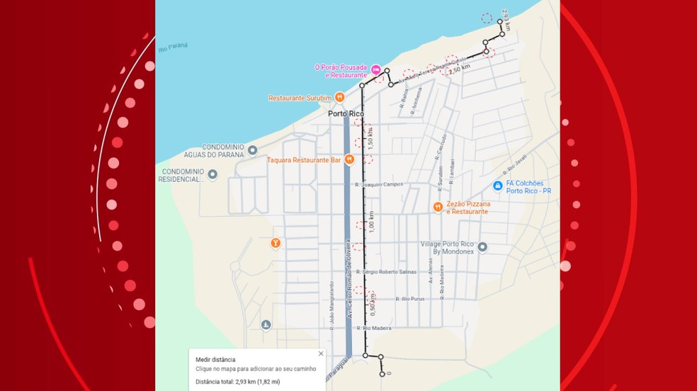 Imagem divulgada pela Polícia Civil que mostra o trajeto feito pelo carro que caiu no Rio Paraná. — Foto: Reprodução/Google Maps