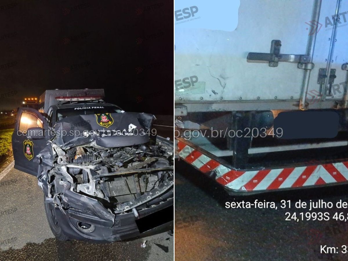 Viatura com seis presos bate em caminhão em rodovia no litoral de SP