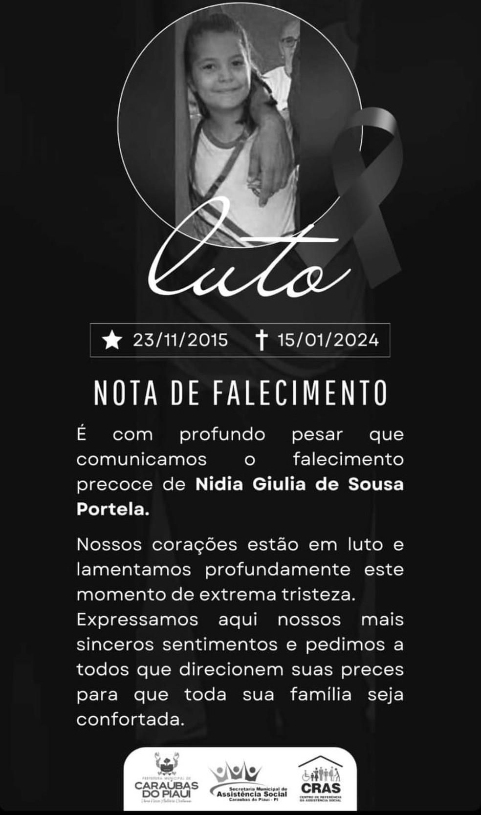 Prefeitura de Caraúbas do Piauí divulgou nota de pesar lamentando o falecimento de Nidia Giulia de Sousa Portela, de 8 anos — Foto: Divulgação