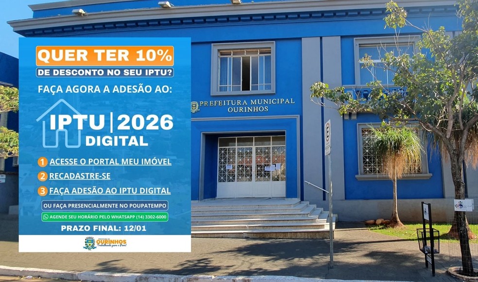 Contribuintes podem optar pelo IPTU Digital até o dia 12 de janeiro de 2026, em Ourinhos — Foto: Divulgação