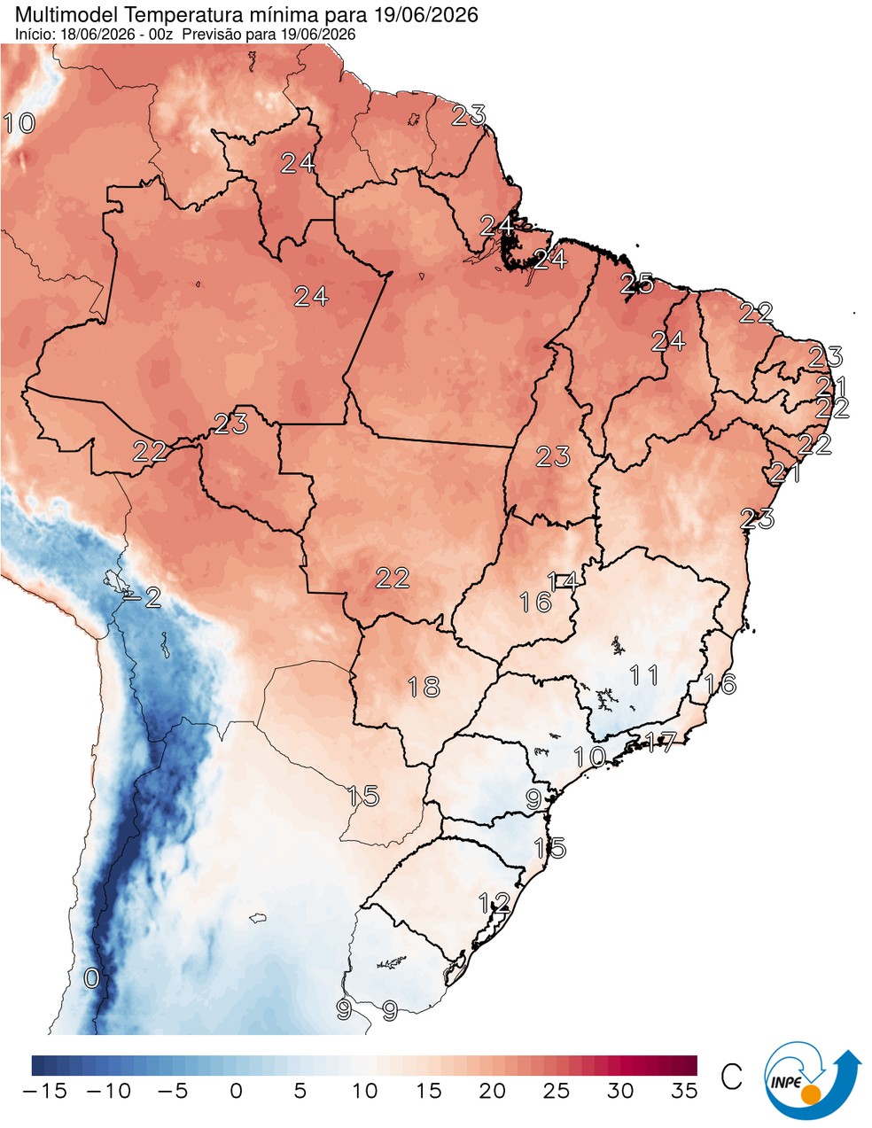 Previsão de temperatura mínima nesta sexta (19) em todo o Brasil. — Foto: CPTEC/Inpe