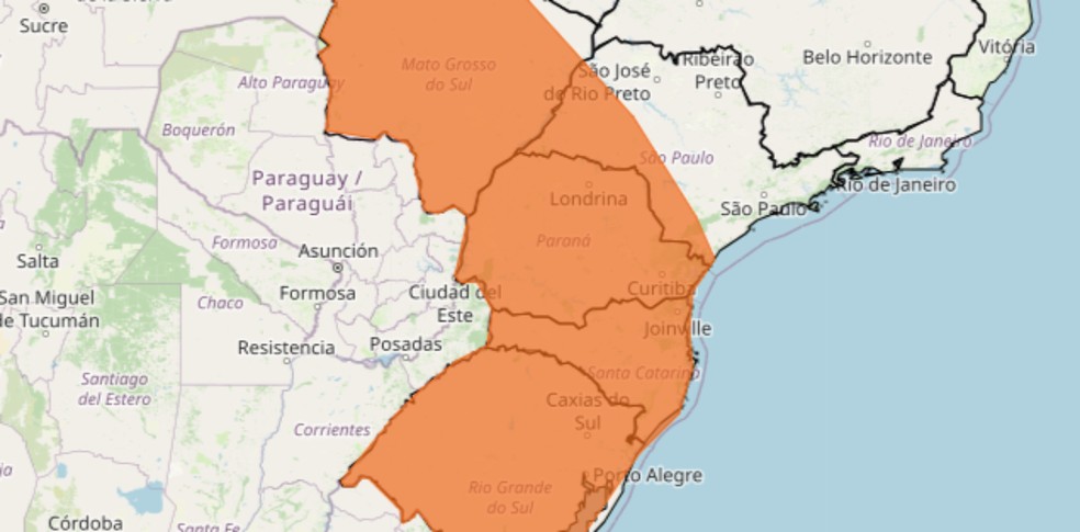 Alerta laranja abrange todo estado do Paraná. — Foto: Reprodução/Inmet