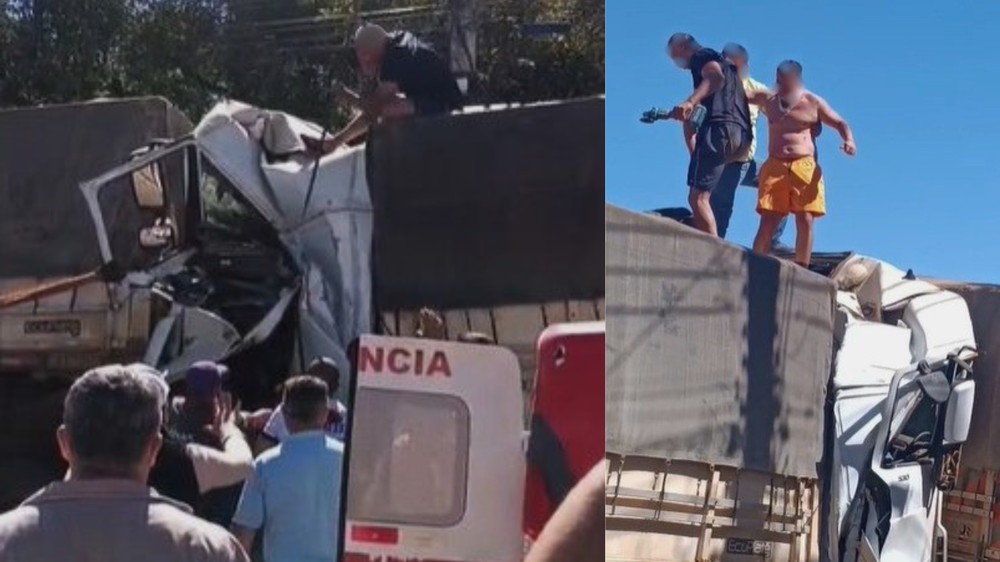 Motorista é retirado com vida de cabine destruída após batida entre duas carretas em MG
