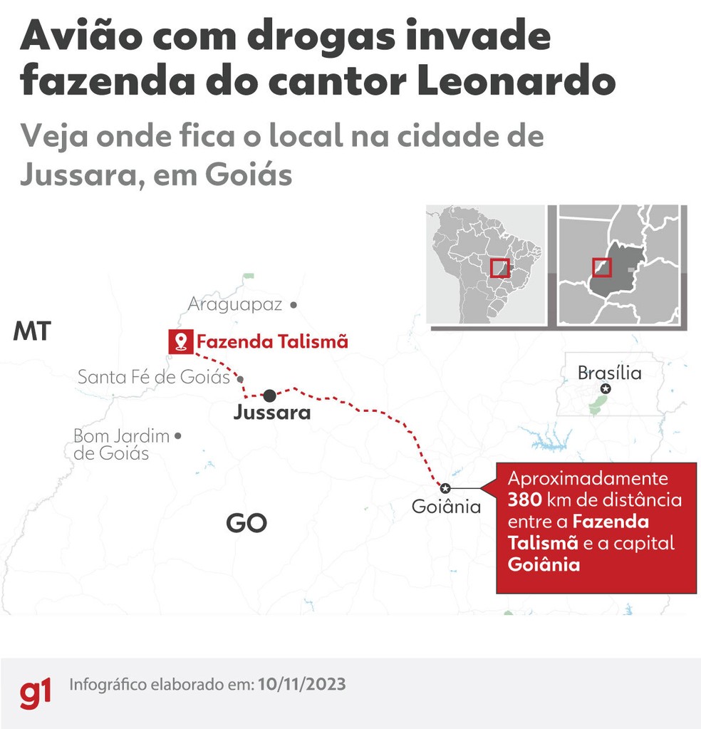 Mapa mostra onde fica fazenda Talismã, do cantor Leonardo, em Jussara, Goiás — Foto: arte/g1