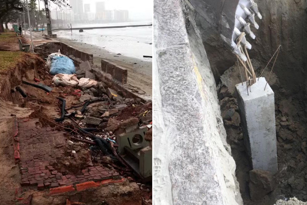 Santos instala estacas em trecho do calçadão da orla destruído por ressaca