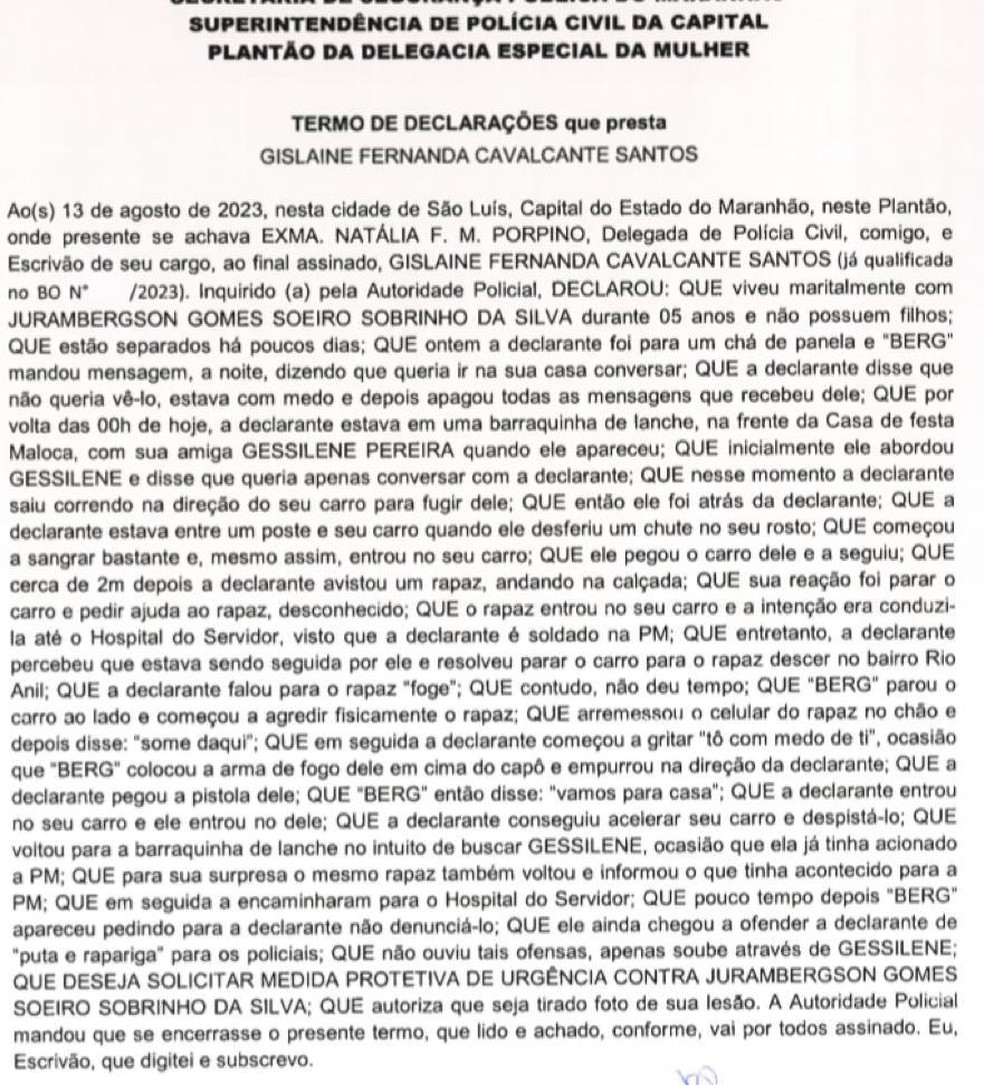 Registro do depoimento de Gislaine, na Delegacia da Mulher — Foto: g1