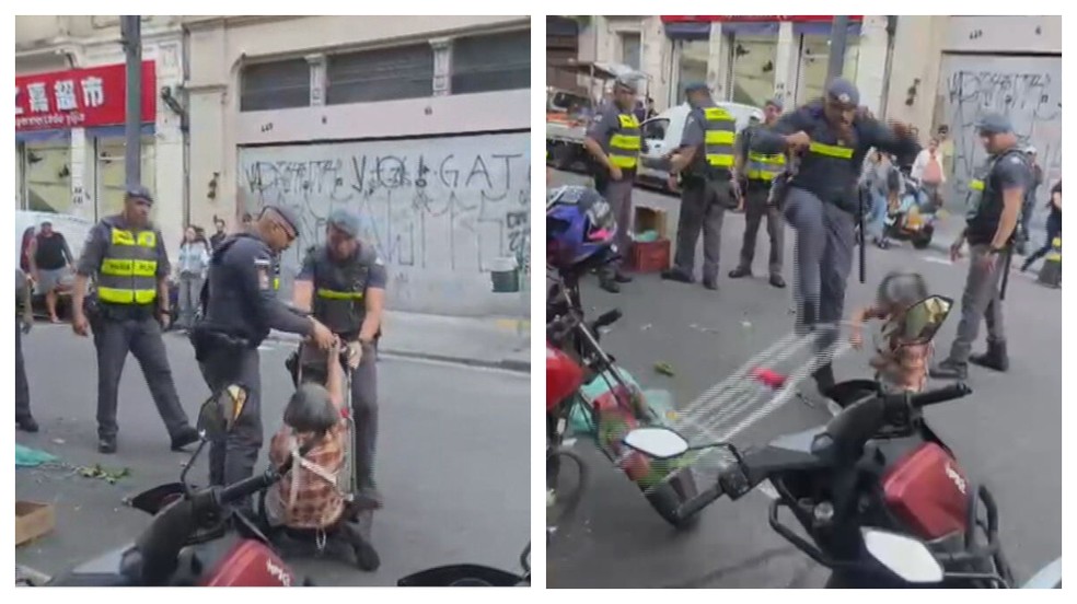 Mesmo após a reação da idosa chinesa, o PM pega o carrinho e se afasta com os outros policiais. — Foto: Reprodução/TV Globo