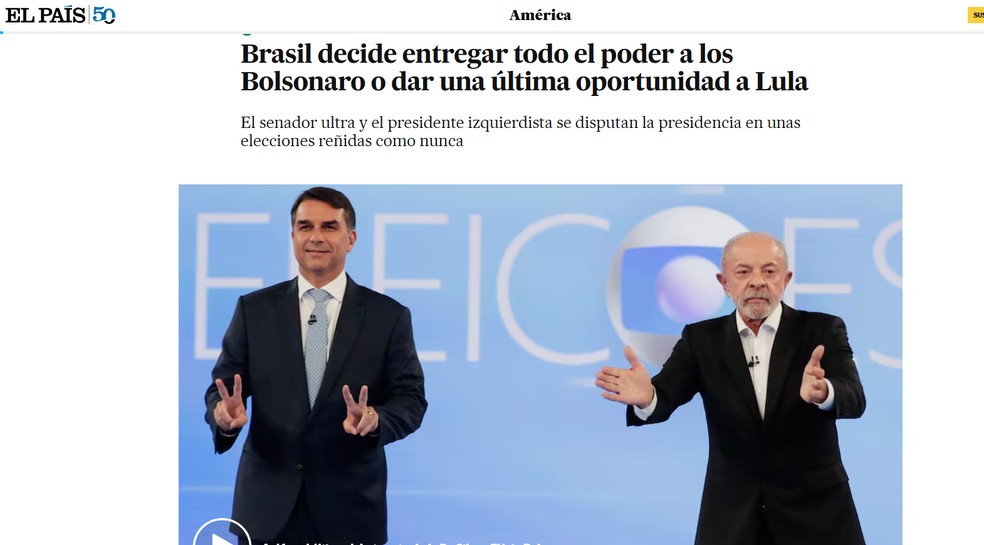 Reportagem do jornal El País, da Espanha, sobre a votação no 2º turno das eleições presidenciais brasileiras em 25 de outubro de 2026. — Foto: Reprodução/El País