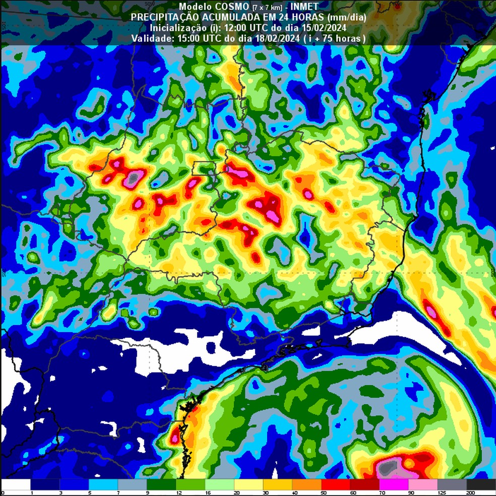 Acumulado de chuva previsto para o Sudeste nos próximos dias. — Foto: INMET