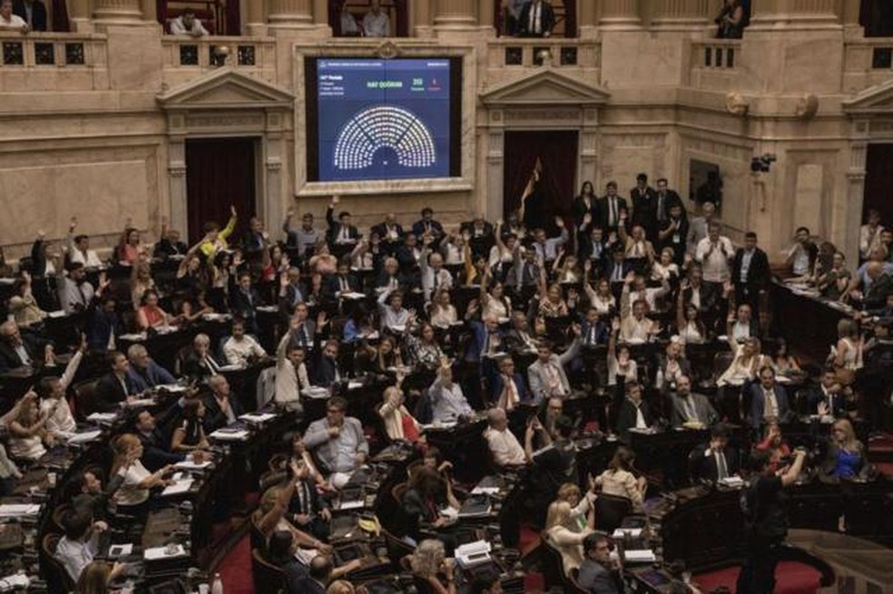 O Parlamento argentino rejeitou o ambicioso pacote de reformas de Milei. — Foto: GETTY IMAGES via BBC