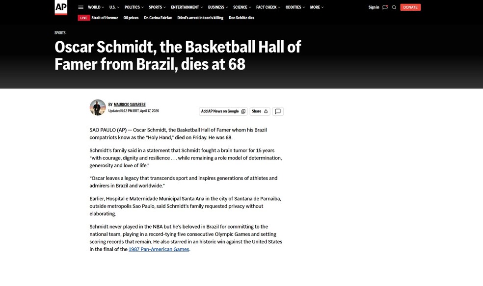 Reportagem da Associated Press sobre a morte de Oscar Schmidt — Foto: Reprodução