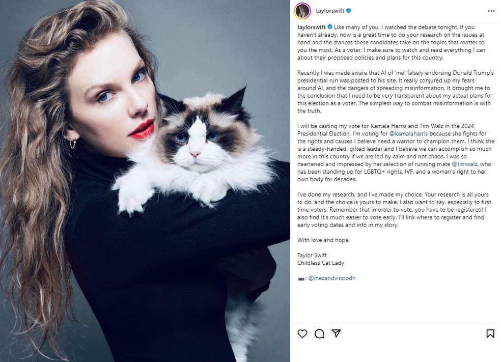 Taylor Swift incentiva 338 mil pessoas a se registrarem para votar nos EUA  ao declarar apoio a Kamala Harris | Música | G1