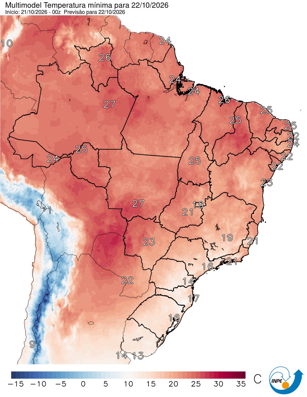 Temperaturas mínimas previstas para esta quinta (22/10) em todo o Brasil. — Foto: CPTEC/Inpe