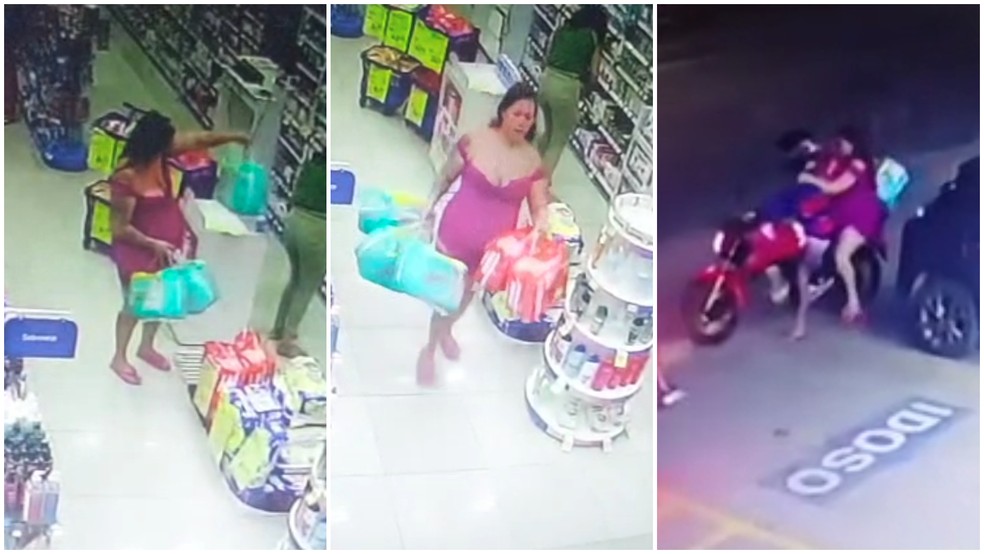 Mulher roubou 8 pacotes de fralda de farmácia e foi embora de moto — Foto: Reprodução