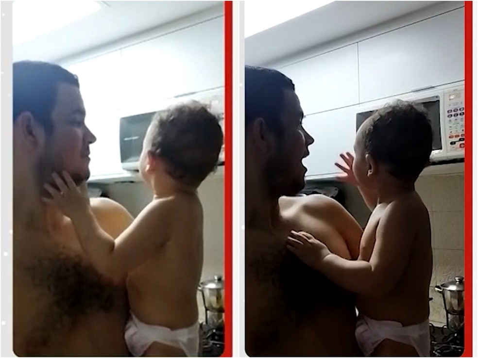 Em v&iacute;deo, beb&ecirc; avisa ao pai surdo que comida est&aacute; pronta no micro-ondas; registro viralizou na internet e ultrapassou a marca de 8 milh&otilde;es visualiza&ccedil;&otilde;es &mdash; Foto: Reprodu&ccedil;&atilde;o