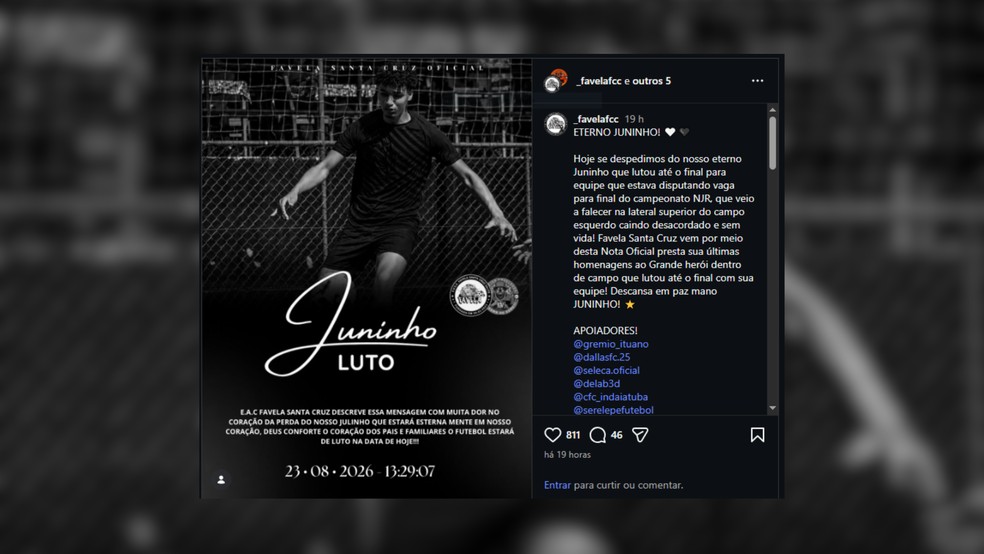 Jogador de 18 anos morre após desmaiar durante jogo de futebol em Salto (SP) — Foto: Redes sociais / Reprodução