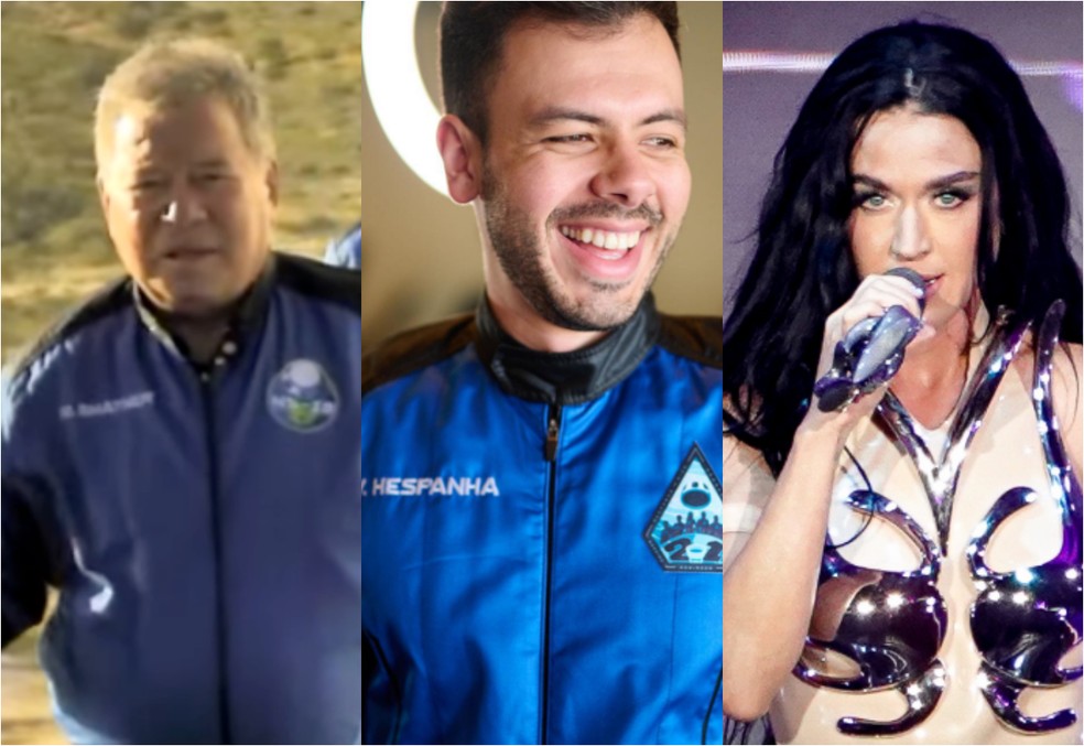Ator William Shatner, o Capitão Kirk, de "Jornada nas estrelas"; o brasileiro Victor Hespanha e a cantora Katy Perry — Foto: Blue Origin, Instagram e g1