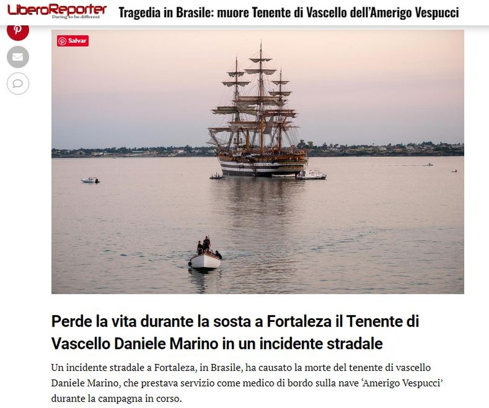 O portal italiano Libero Reporter destacou a morte do médico Daniele Marino em Fortaleza. — Foto: Reprodução