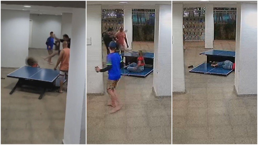 Montagem mostra o momento em que a comerciante recebe o chute no rosto por dois &acirc;ngulos diferentes e dica ca&iacute;da, desmaiada no ch&atilde;o do pr&eacute;dio. &mdash; Foto: Reprodu&ccedil;&atilde;o