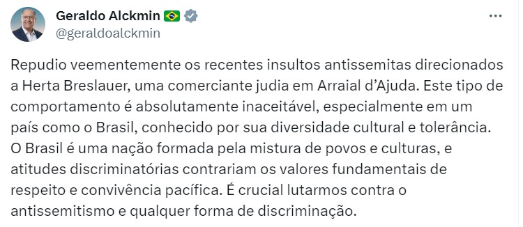 Alckmin repudia agressão contra empresária judia na Bahia