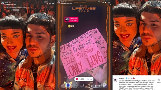 Katy Perry chama fã que perdeu a mãe para subir ao palco, atende pedido de música e deixa recado fofo - Christian Mewes esteve no show de Curitiba, nesta terça-feira (16), e teve seu pedido de música atendido após relatar que perdeu a mãe há dez dias.