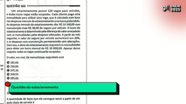 Enem 2025: correção da questão sobre vagas para veículos em estacionamento