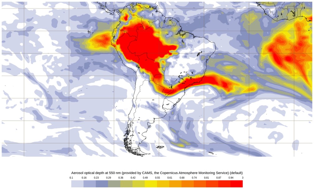 Quantidade de partculas de poluio no ar medida a 550 nm nesta tera-feira (3) s 0h (horrio de Braslia), segundo o CAMS, o Servio de Monitoramento da Atmosfera do Copernicus. — Foto: Copernicus