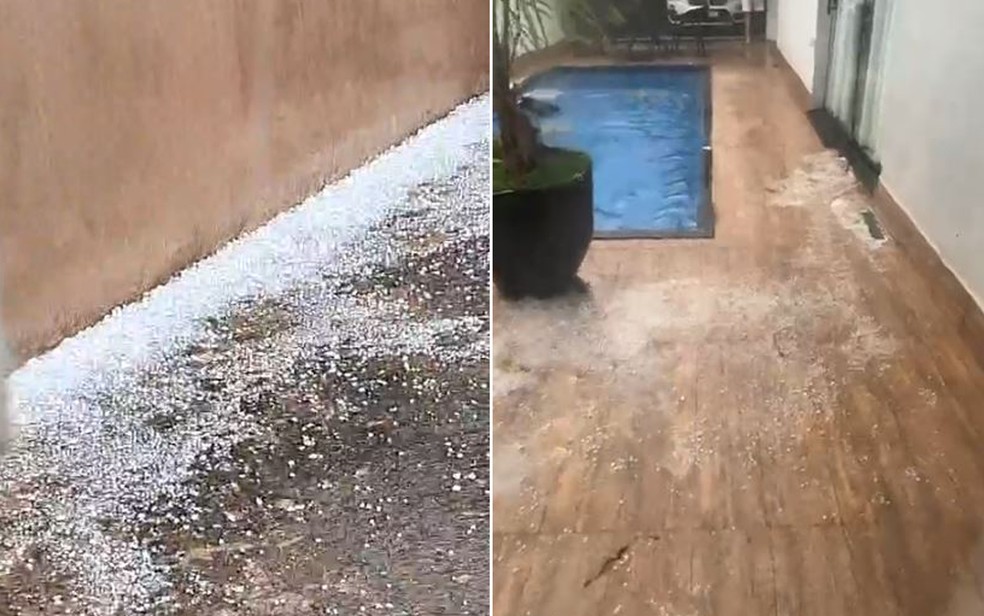Granizo cobre quintais de casas em Franca, SP, durante temporal — Foto: Redes Sociais
