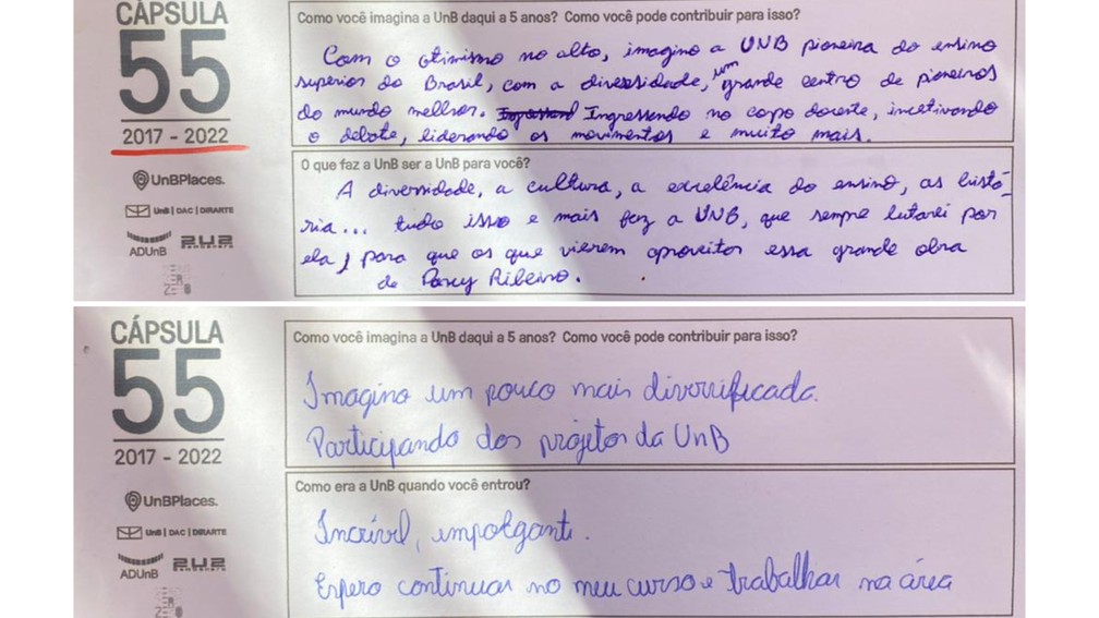 Mensagens de 2017 que estavam em capsula do tempo da UnB, desenterrada em 2026 — Foto: divulgação