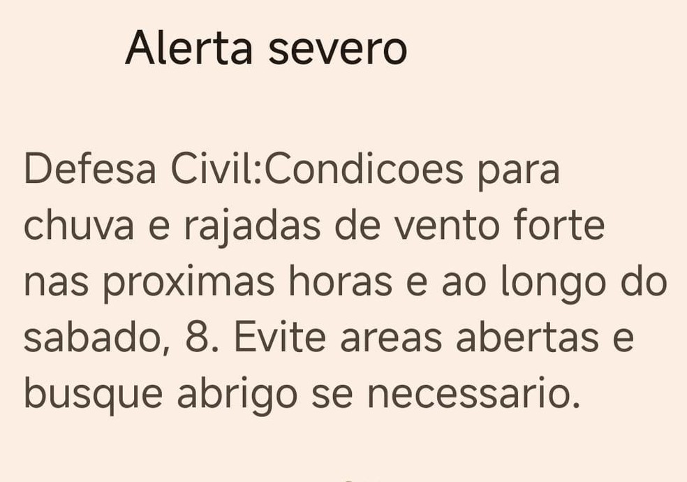 Alerta sonoro enviado pela Defesa Civil aos celulares de moradores na região de Campinas (SP) na noite desta sexta (7) — Foto: Reprodução