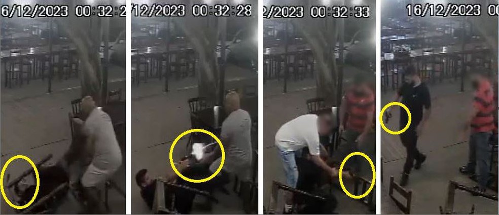 Fotos tiradas da câmera de segurança de bar mostram agentes brigando e um deles atirando no outro. Dois homens interveem e tentam desarmar atirador, que se levanta e depois guarda a arma — Foto: Reprodução/Redes sociais