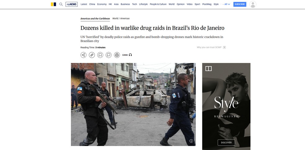 Reprodução de matéria do jornal South China Morning Post, de Hong Kong, sobre a megaoperação contra o Comando Vermelho no Rio de Janeiro em 29 de outubro de 2025. — Foto: Reprodução